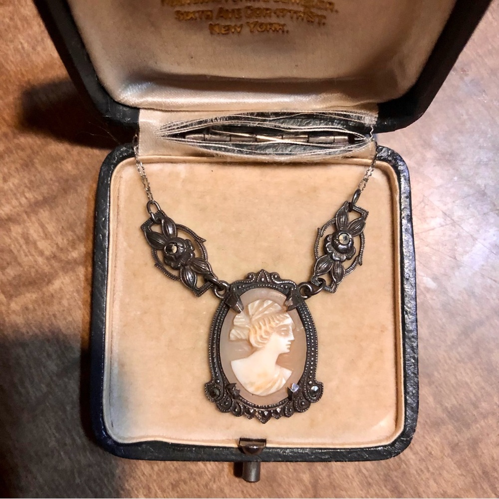 Antique Carved Shell Cameo Necklace, Sterling Silver with Marcasite Accents 💎🖤